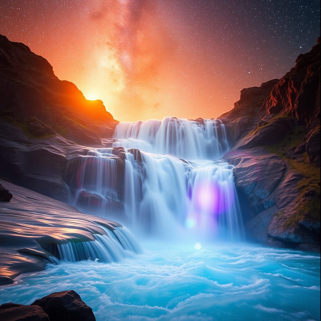 Stunning Sunset Waterfall with Milky Way Galaxy