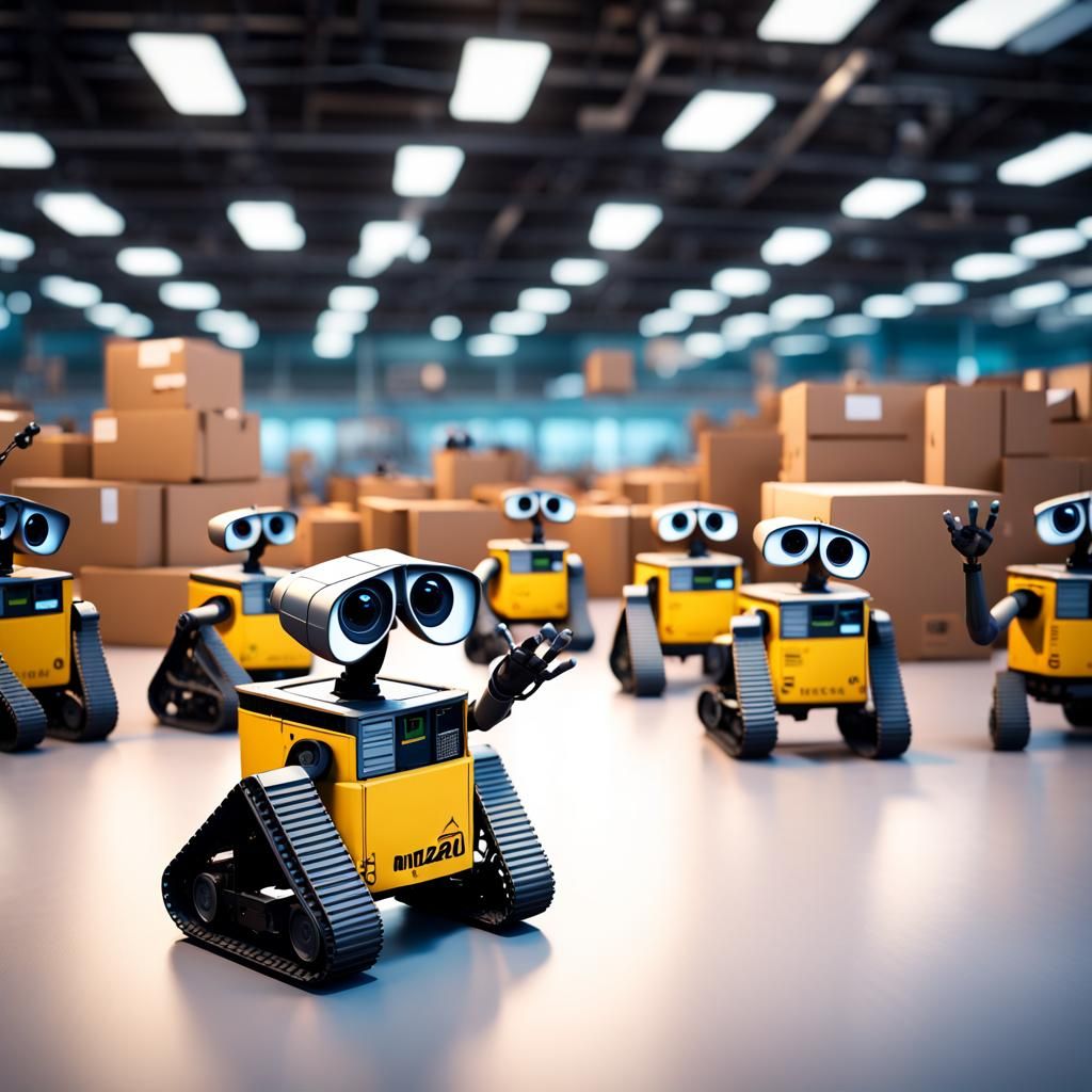 Wall-E Robots at Amazon: Pixar-Style 3D Render