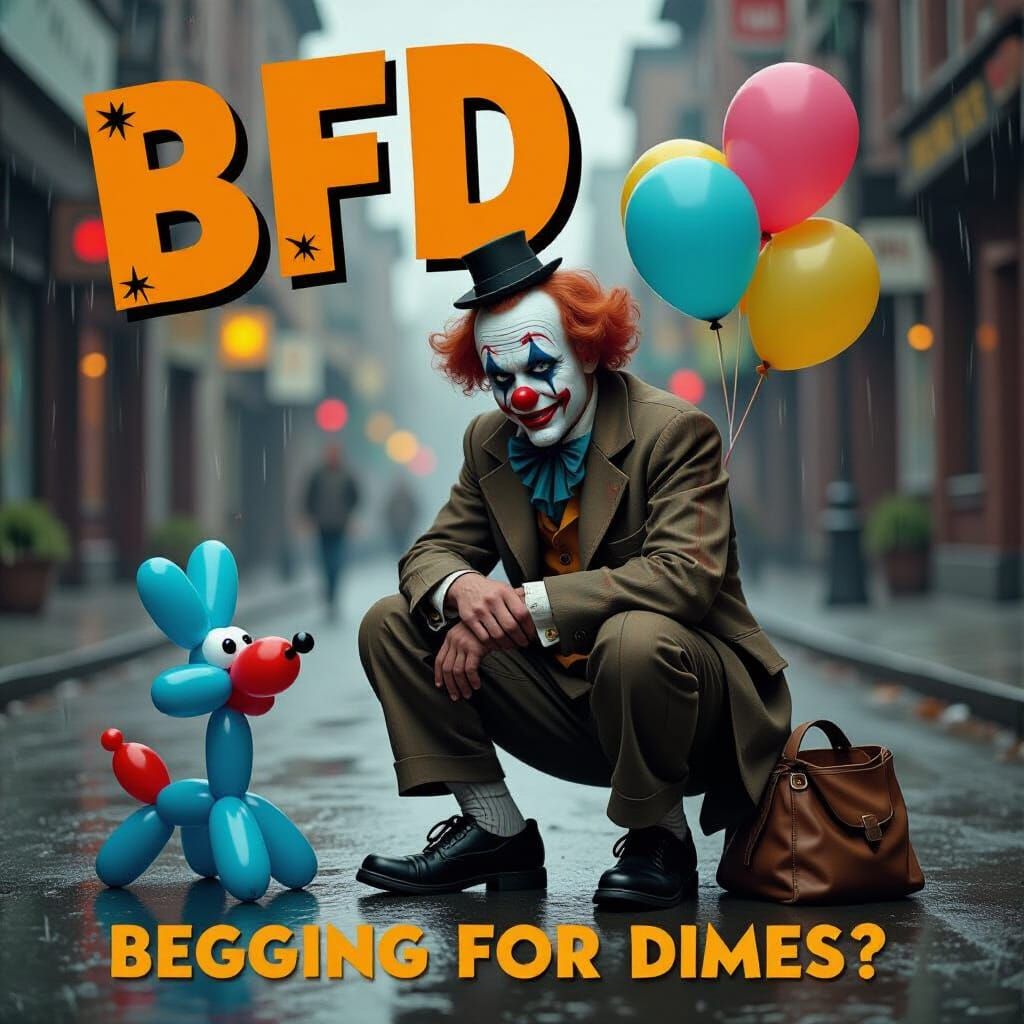 Sad Clown Begging on Rainy Street, Vintage Style