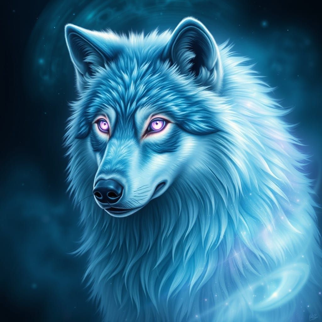 Majestic Wolf Borne from Stardust with Glowing Sapphire Eyes