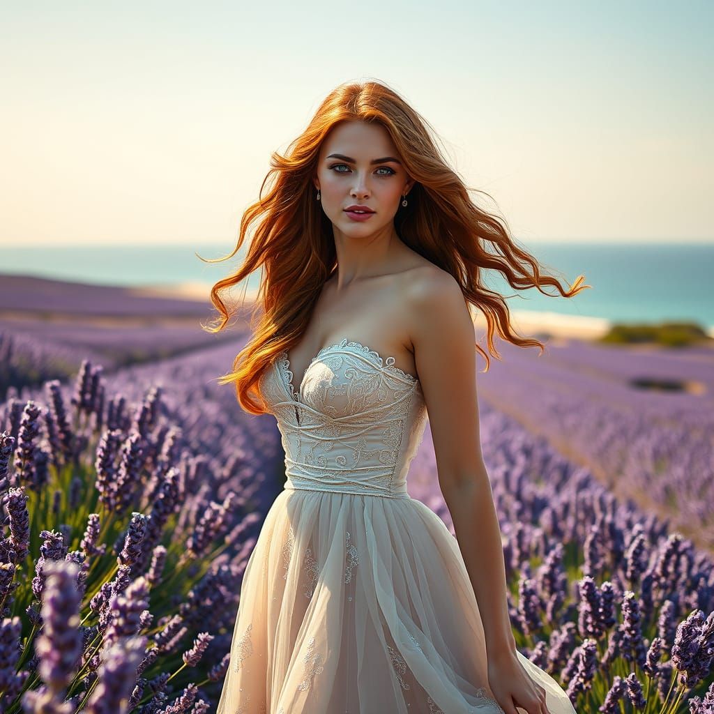 Ethereal Woman in Lavender Field, Photorealistic Baroque Sty...
