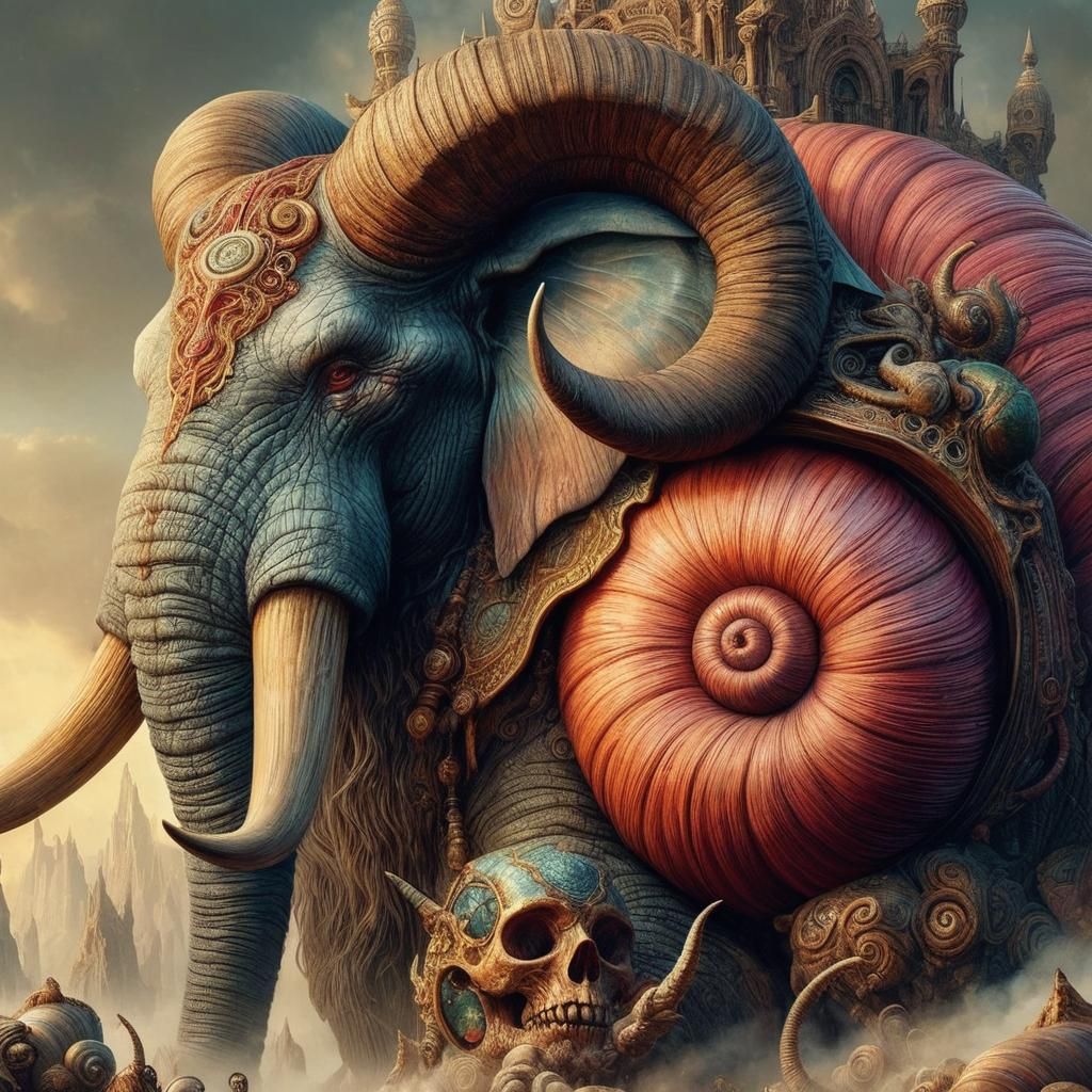 Elephant with Ram Horns in Snail Shell