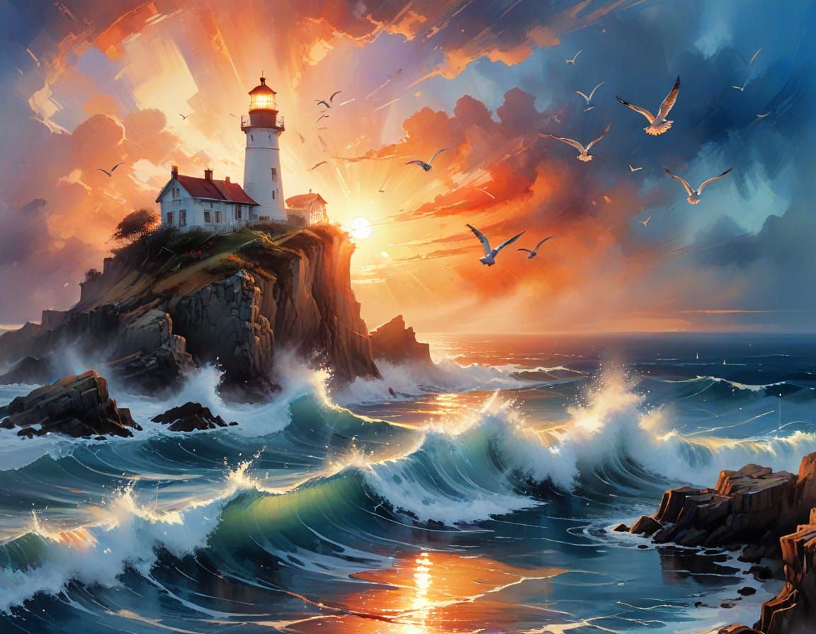 Coastal Lighthouse at Sunset: Watercolor Painting
