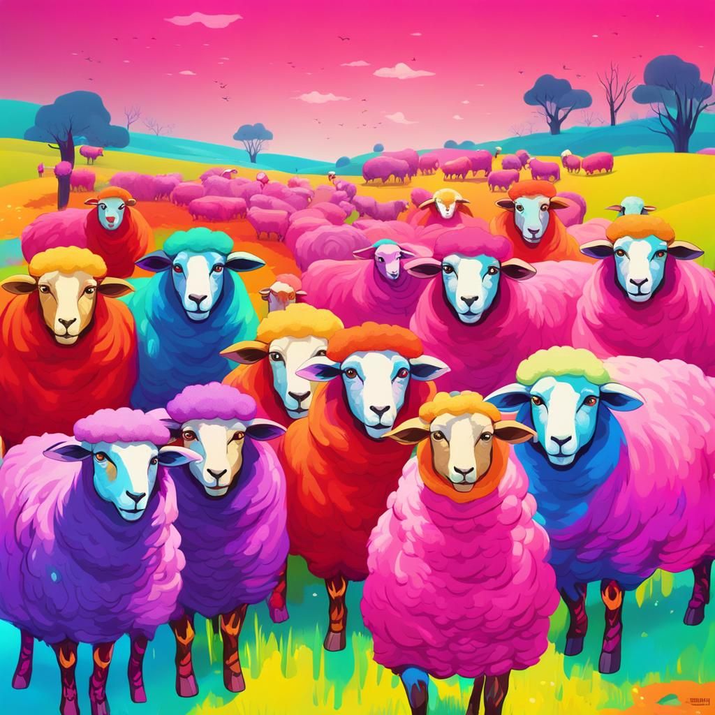 Rainbow Sheep with Clown Shepherd: Fantasy Concept Art