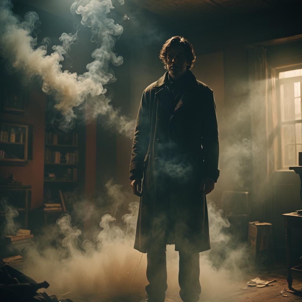 Mysterious Figure in Dimly Lit, Smoke-Filled Room