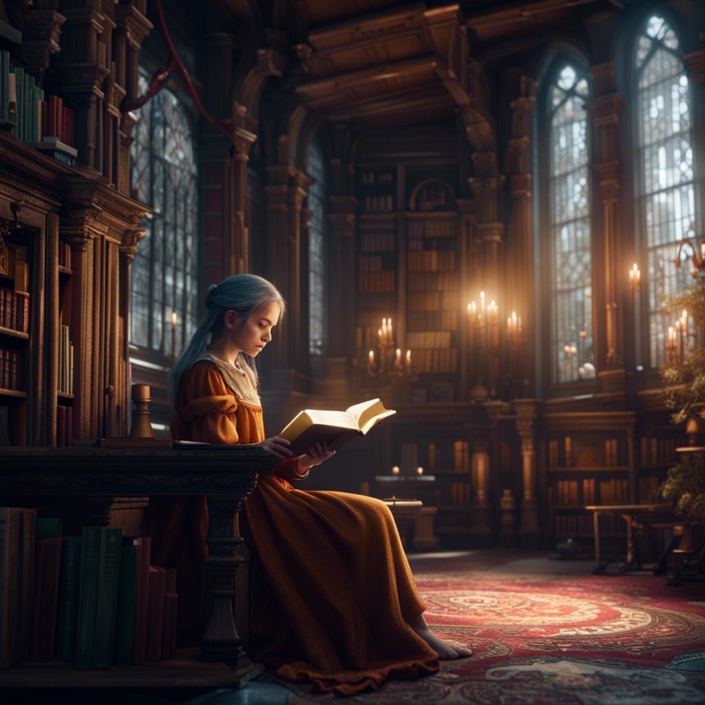 Girl Reading in Library: Detailed Matte Painting