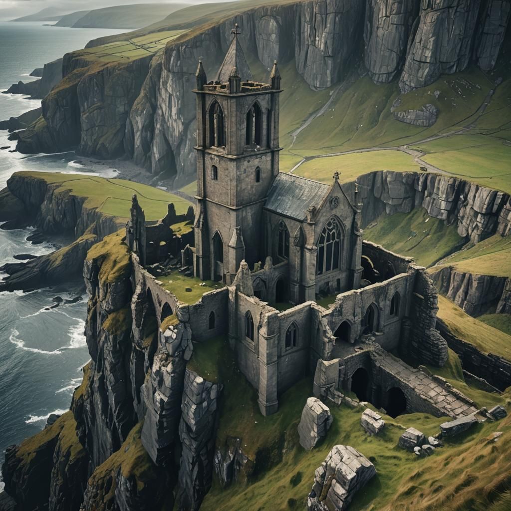 Dramatic Stone Church Ruin on Irish Cliff