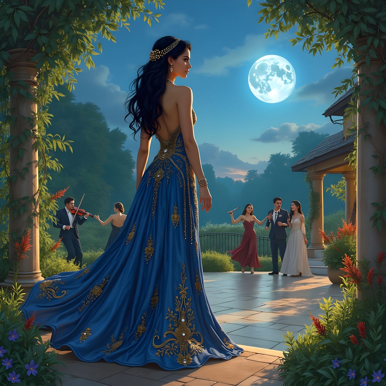 Lady in Blue Dance Amidst Twilight Garden of Golds