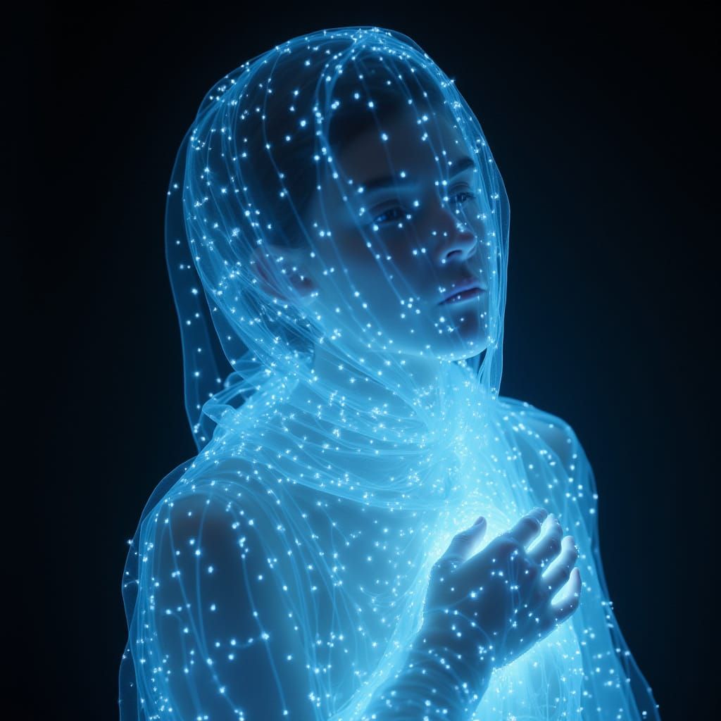 Iridescent Bioluminescent Woman in Laser Light