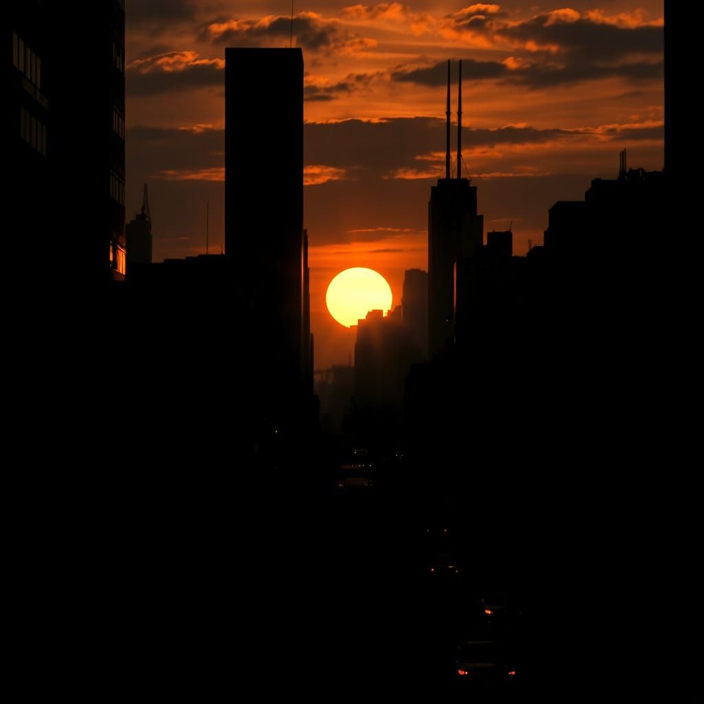 Moodlit Cityscape in Dramatic Grayscale with Warm Orange Acc...