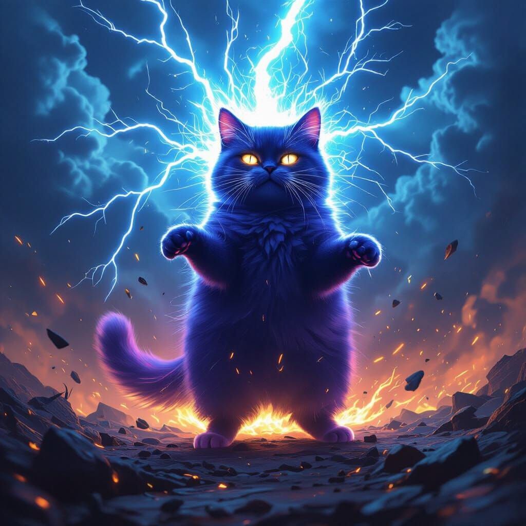 Neon Purple Cat Becomes Lightning God in Epic Battlefield
