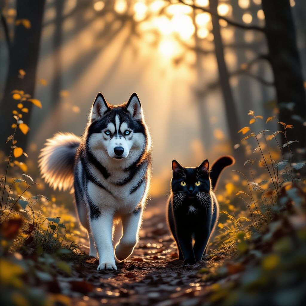 Husky and Cat Walk in Misty Forest at Golden Hour