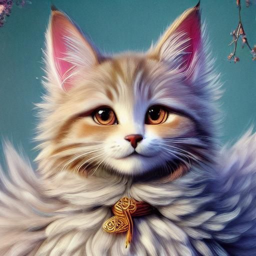 Happy Fluffy Cat with Yarn in Digital Watercolor