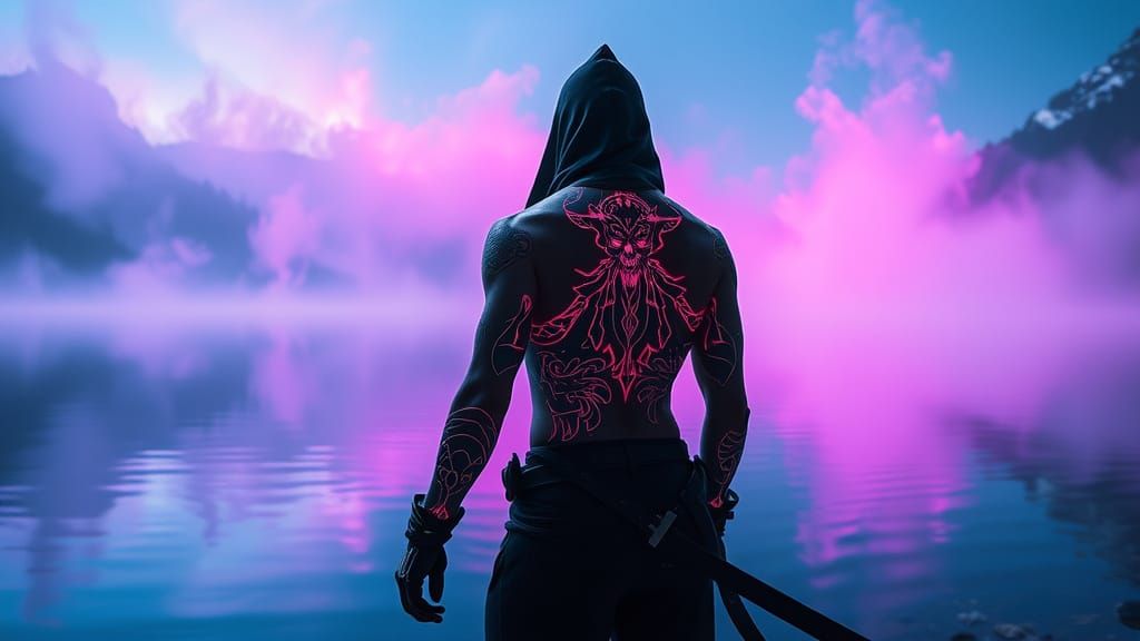 Ethereal Assassin Unveiled in Neon-Lit Night