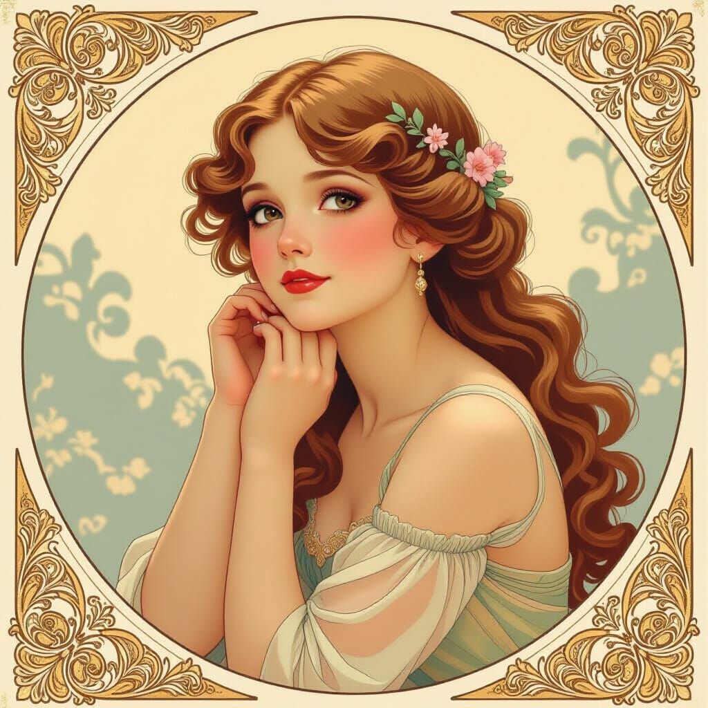 Beautiful Girl with Loving Look in Art Nouveau Style