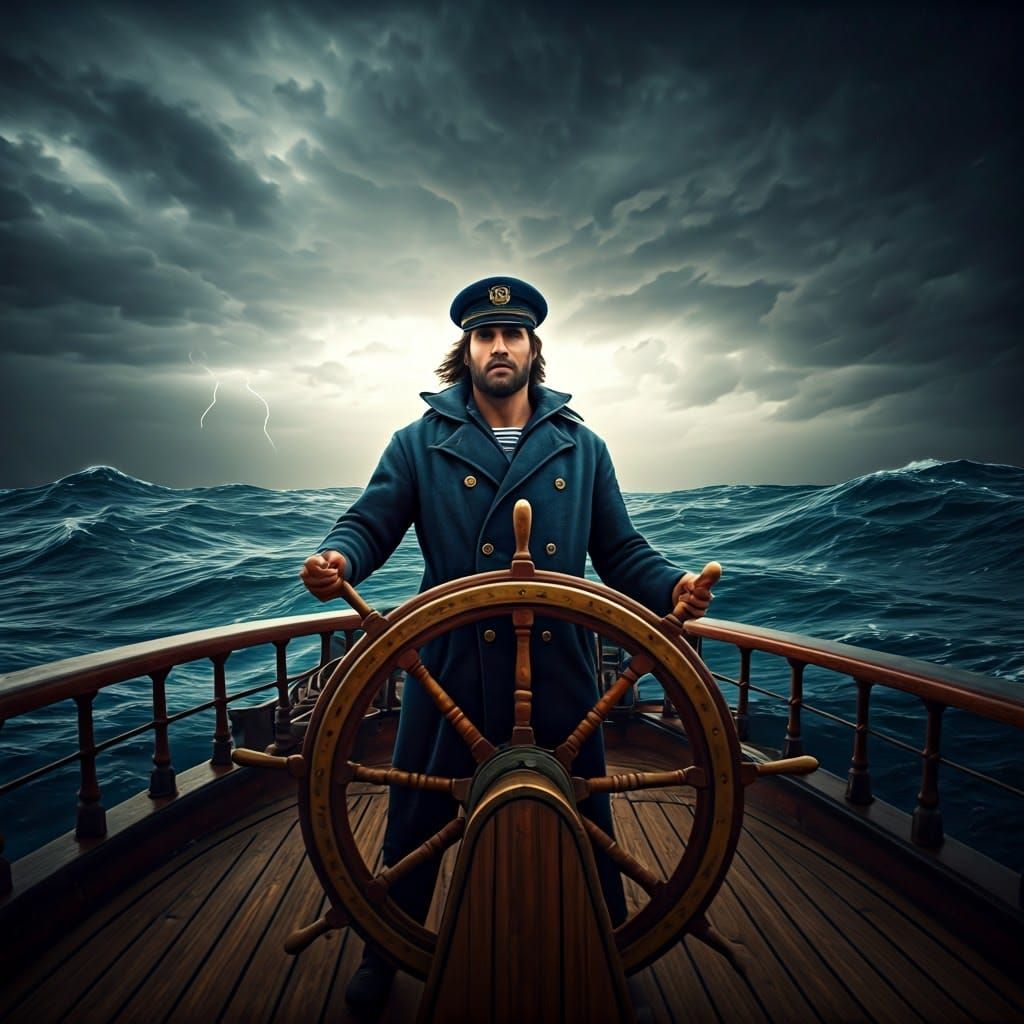 Sailor Steers Ship Through Stormy Sea in 3D