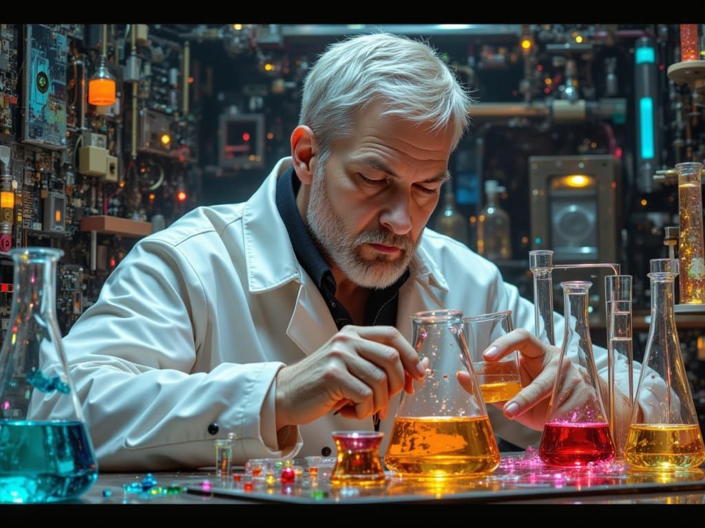 Scientist Mixing Elixirs in Hypermaximalist Lab
