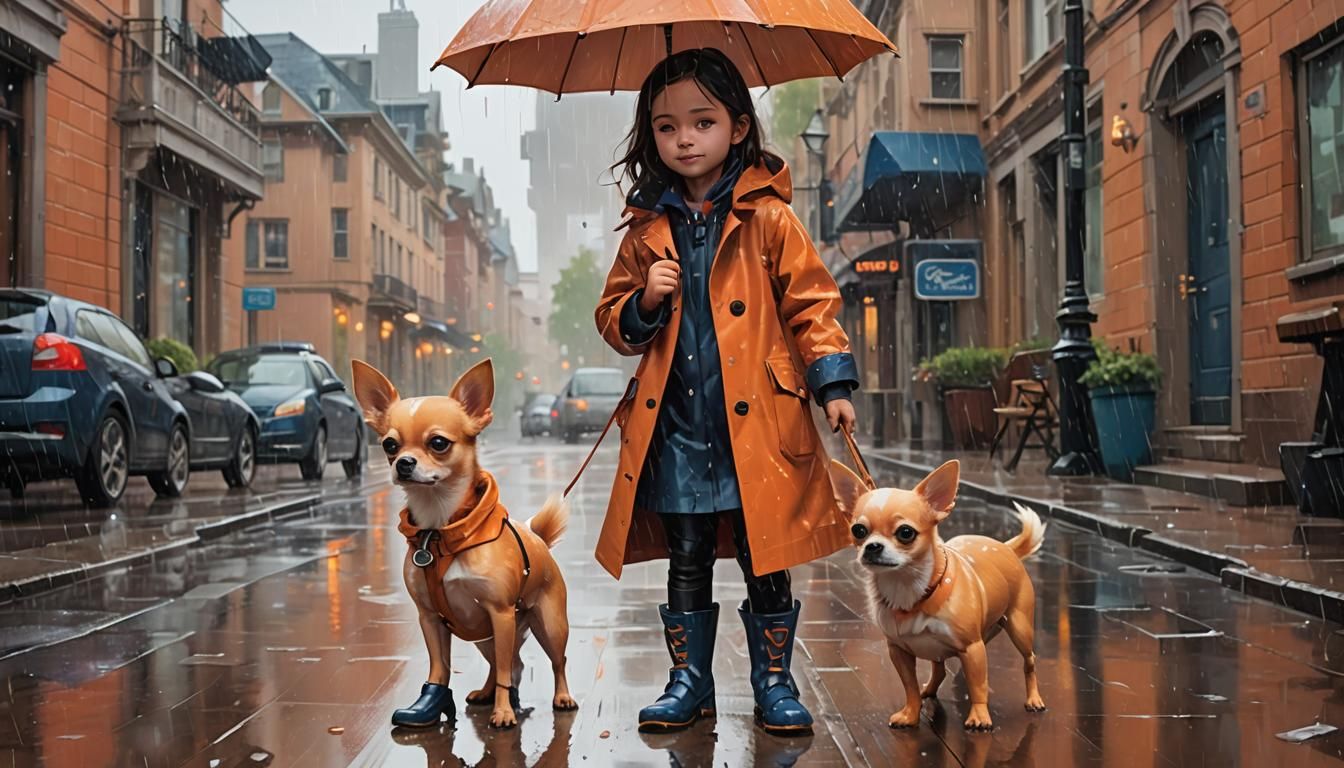 Chibi Girl and Chihuahua in Rainy Cartoon Portrait