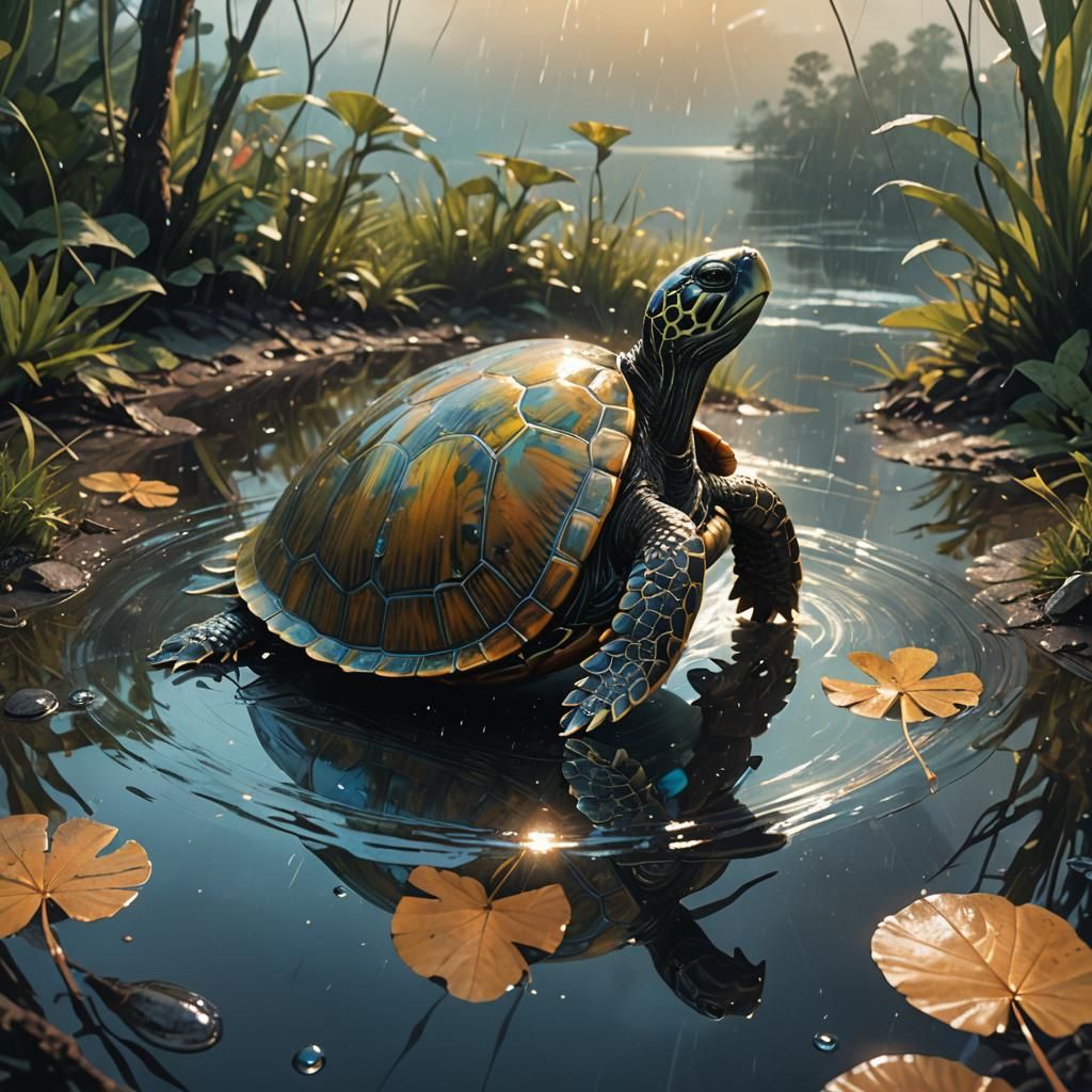 Iridescent Turtle Swims in Raindrop, Hyper-Realistic Art