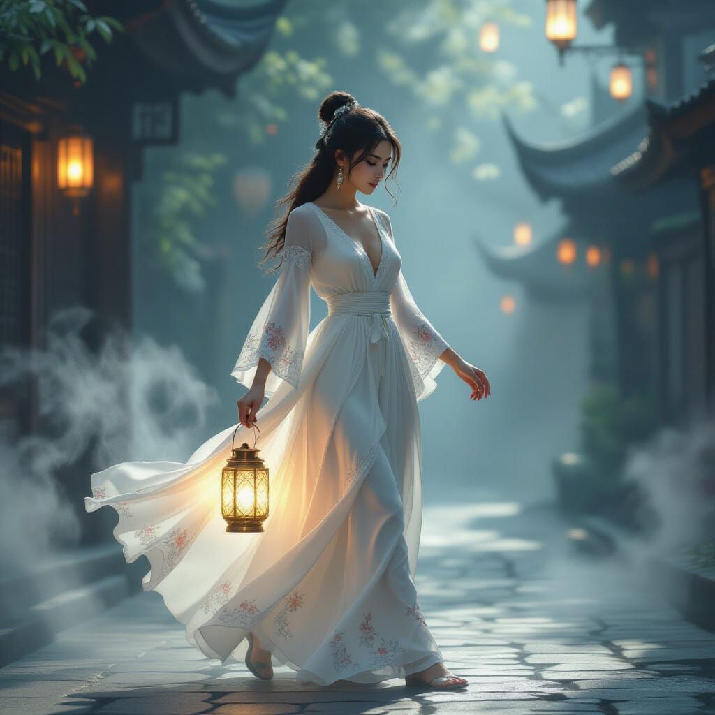 Ethereal Woman with Lantern Glow in Mystical Fog