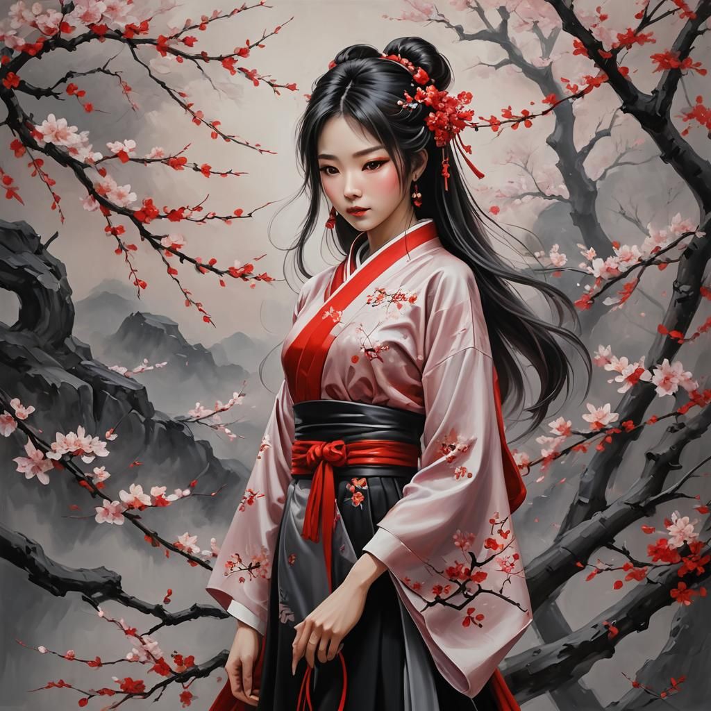 Anime Girl in Chinese Art Style Oil Painting