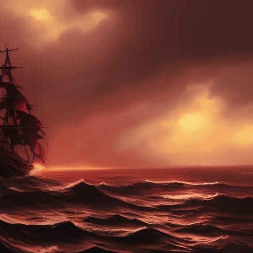 Pirate Ship Silhouette on Stormy Blood-Red Sea