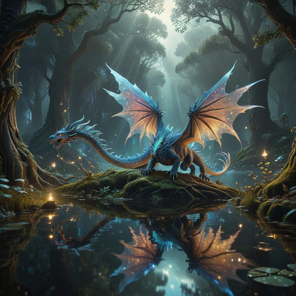 Surreal Fantasy Realm with Dragon and Bioluminescent Trees