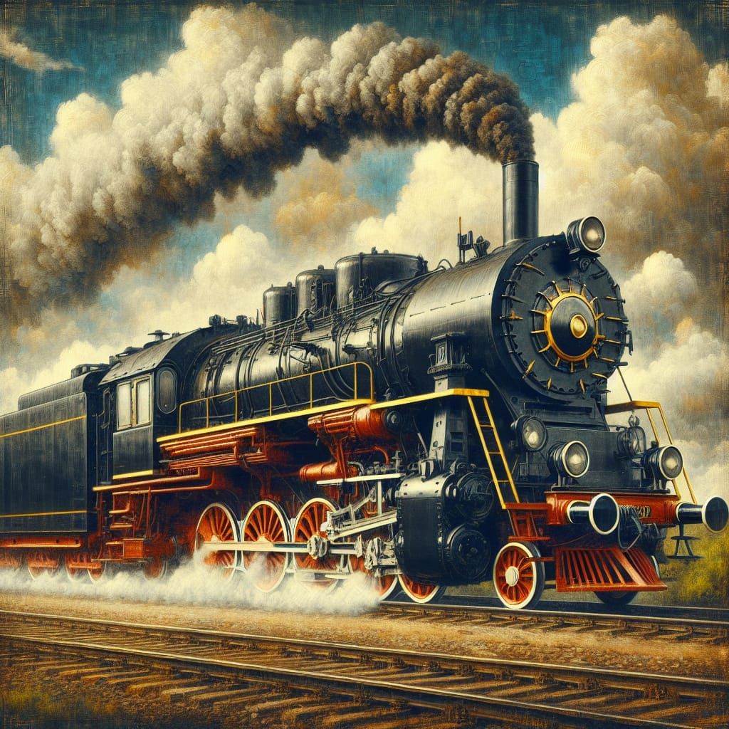 Majestic Vintage Steam Locomotive in Oil Painting Style