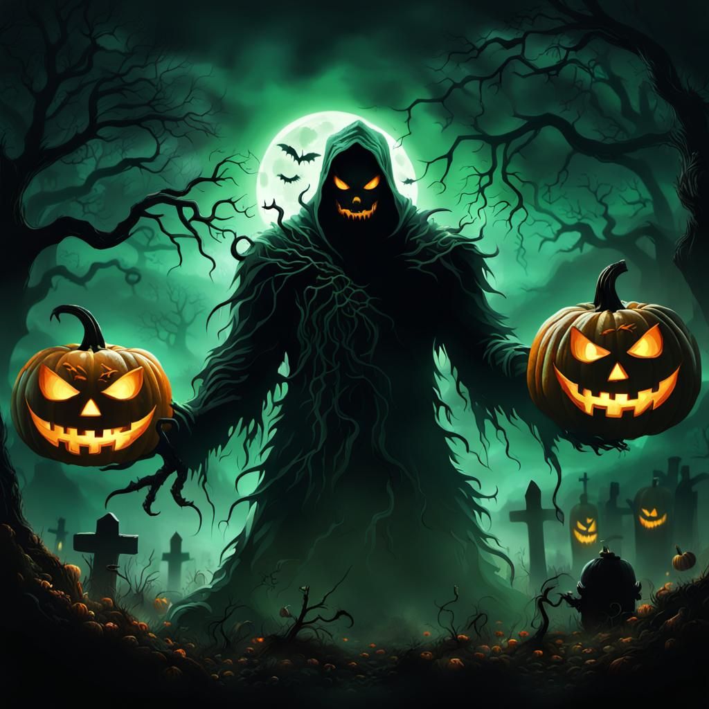 Eerie Monster Pumpkin in Misty Graveyard, Digital Art