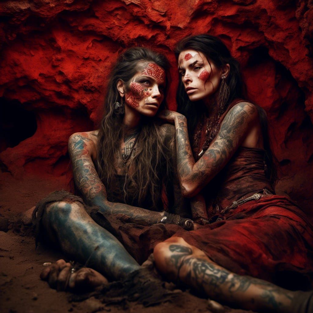 Tattooed Women Embrace in Red Cave Portrait