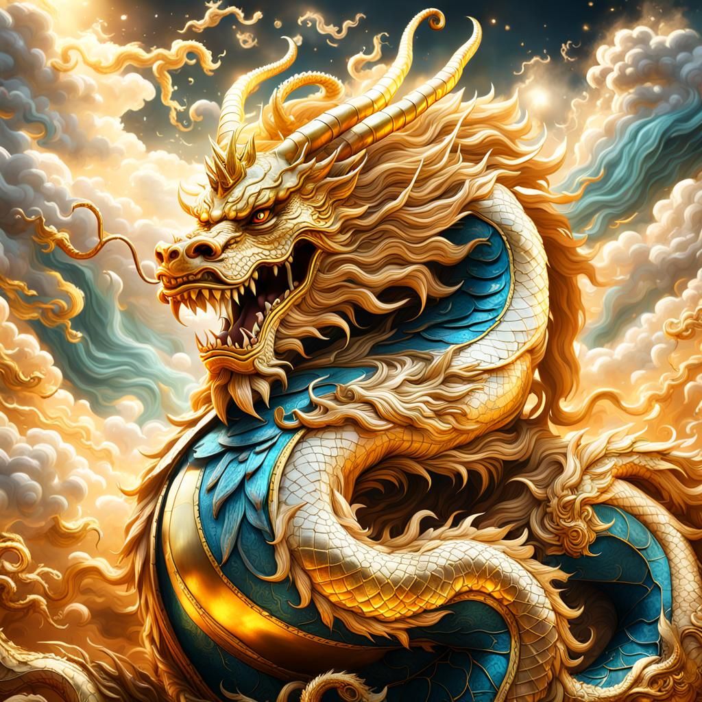Golden Chinese Dragon in Cloudy Room, Fantasy Art