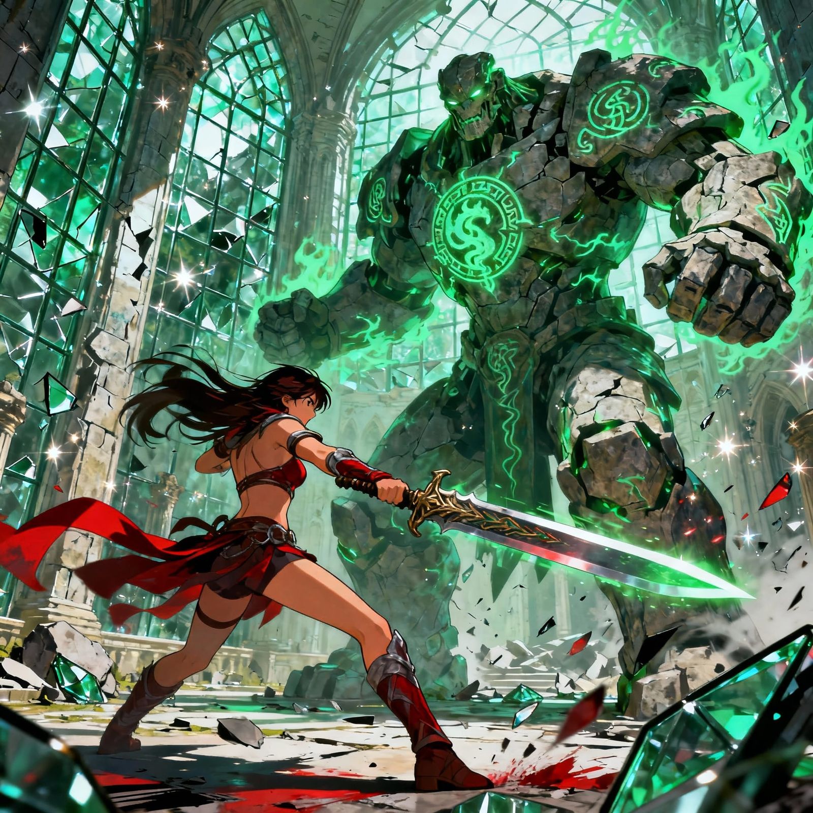 Warrior Woman Fights Stone Golem in Glass Castle Ruins