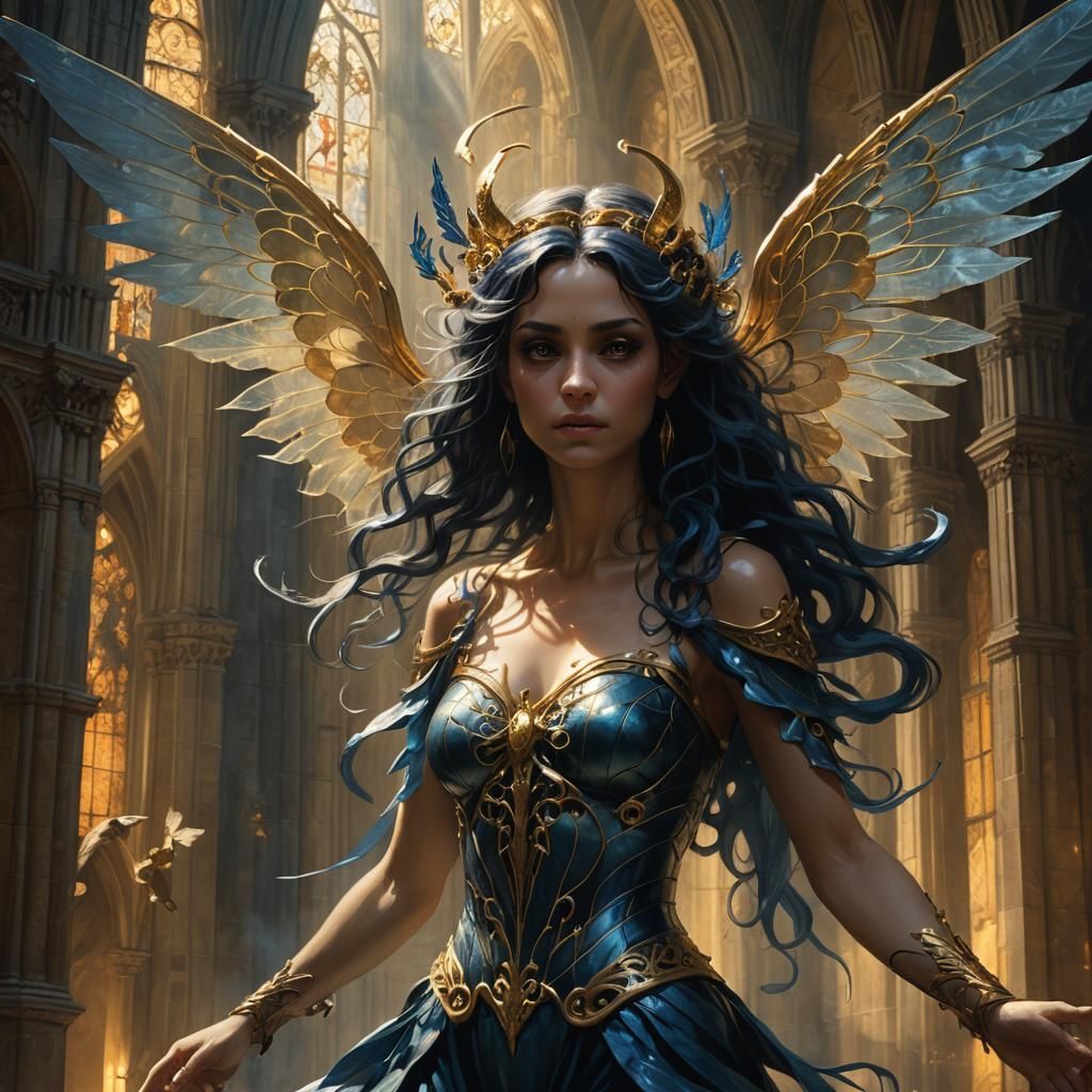 Fairy and Medusa in Gothic Cathedral: Fantasy Concept Art