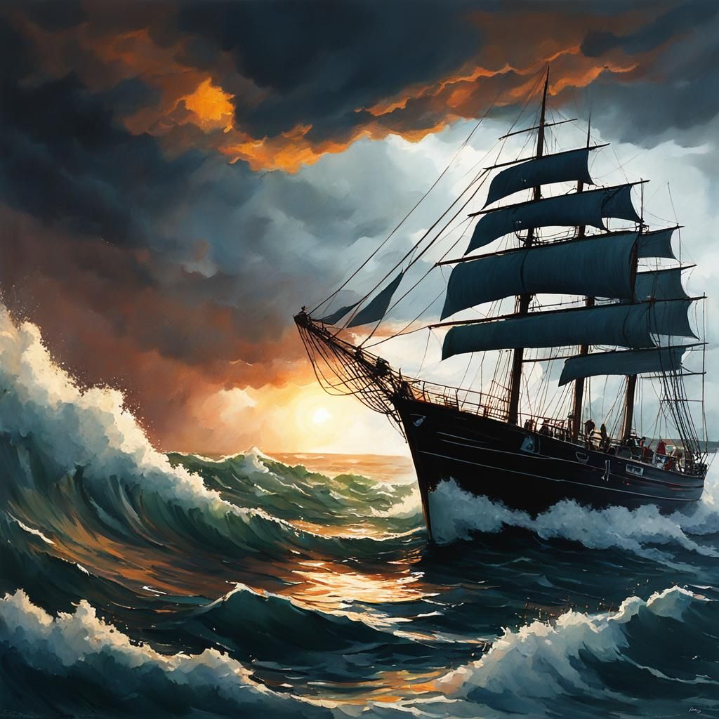 Sailboat Navigates Storm in Gouache Painting