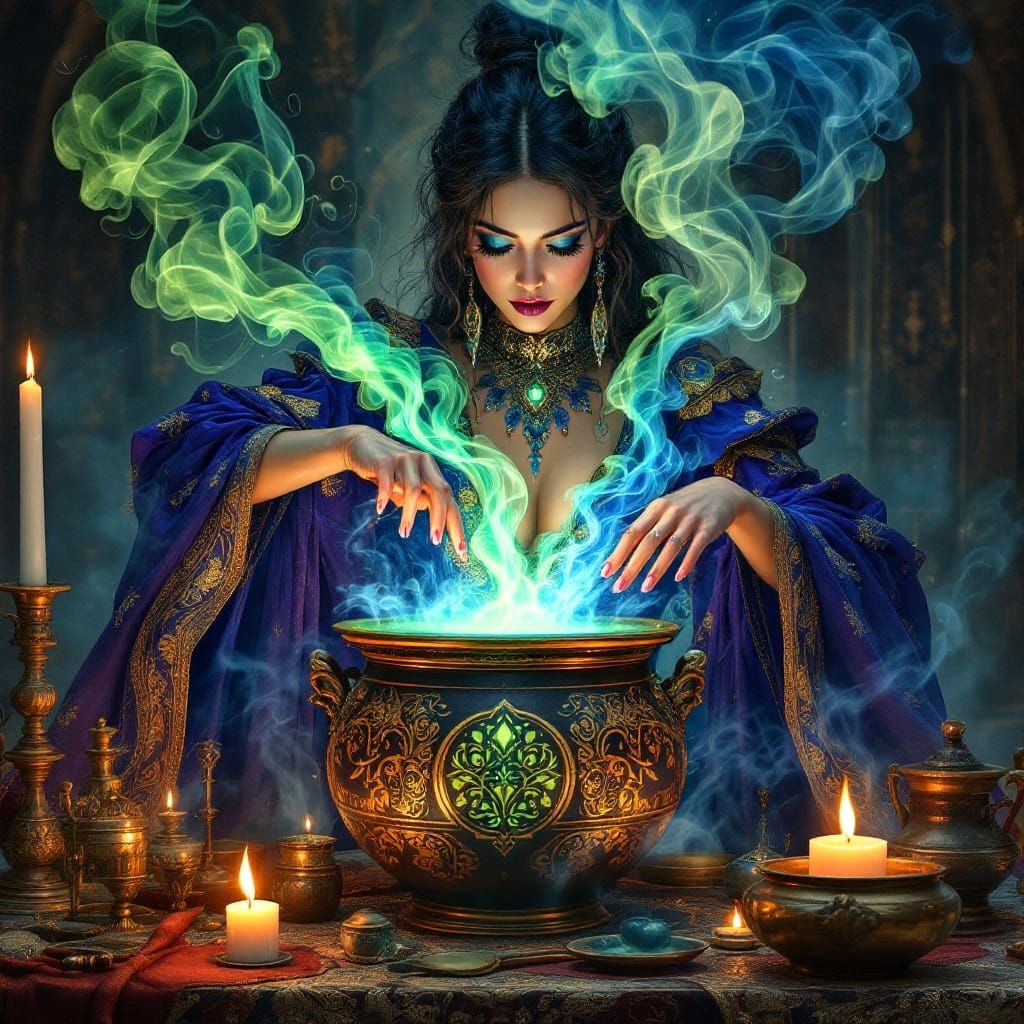 Enchanting Sorceress Pours Magic: Art Nouveau Style