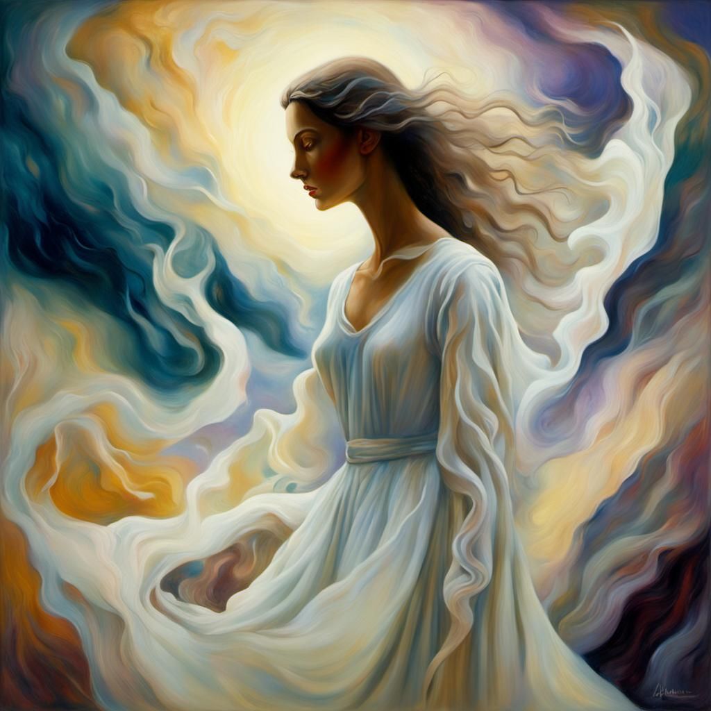 Surreal Woman in Dreamlike Landscape Oil Painting