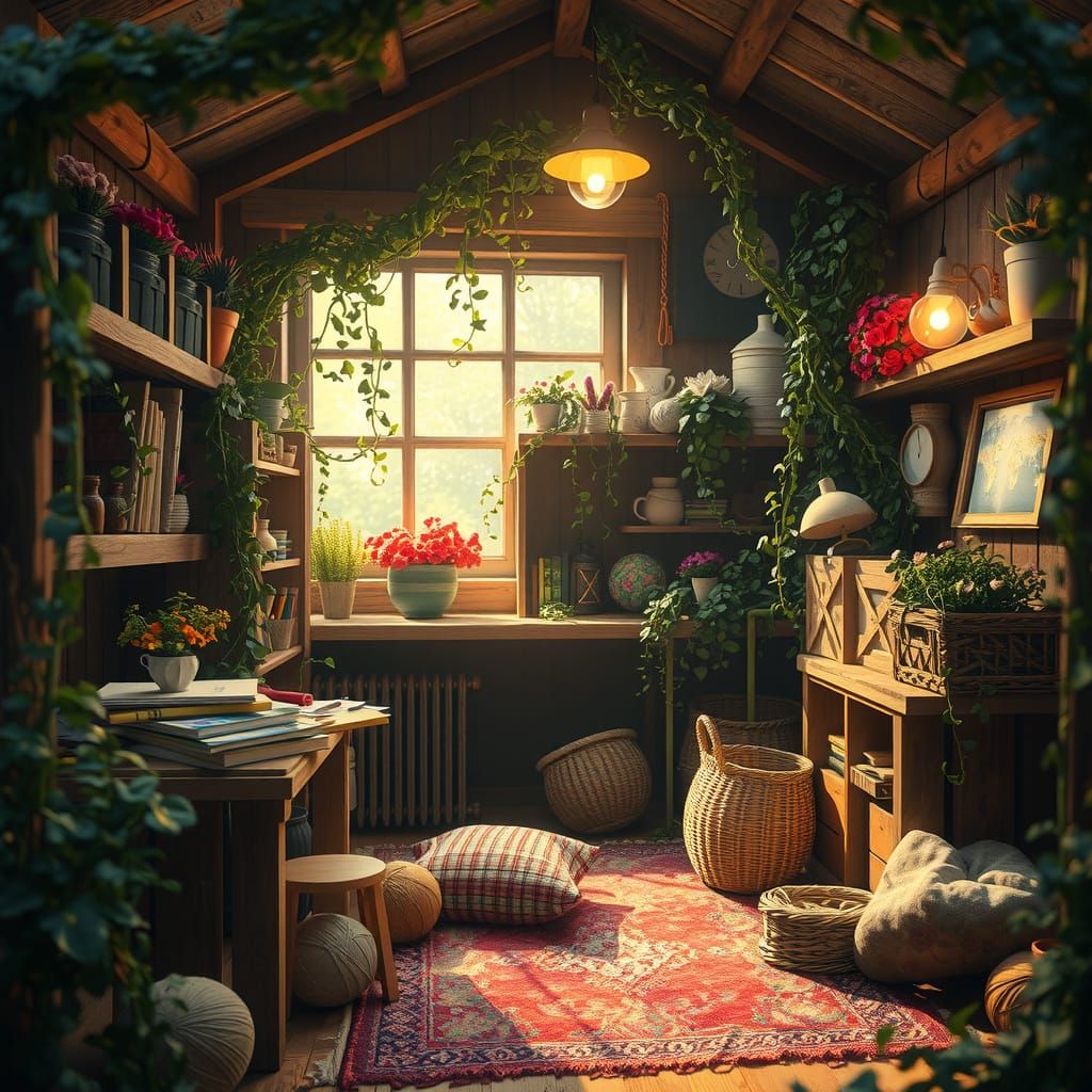 Cozy Craft Room Oasis with Overgrown Garden