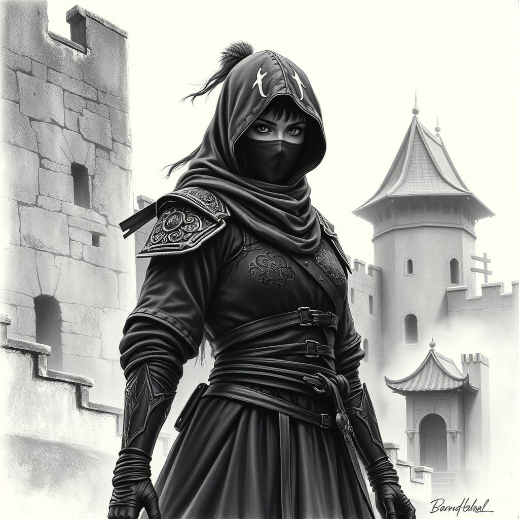 Cyberpunk-Inspired Female Ninja Stands Guard in Front of Anc...