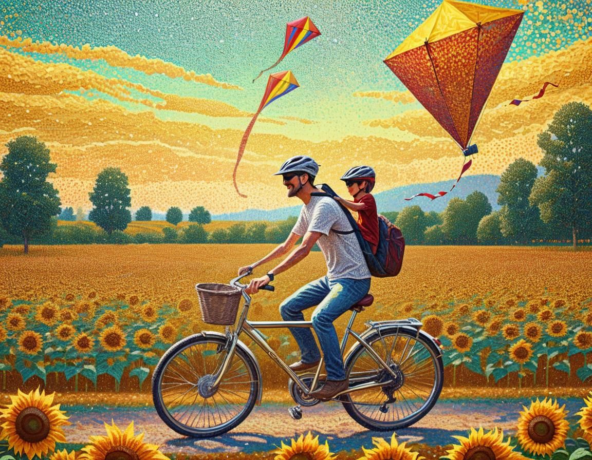 Father and Son Cycling in Virtual Pointillist Sunflower Fiel...