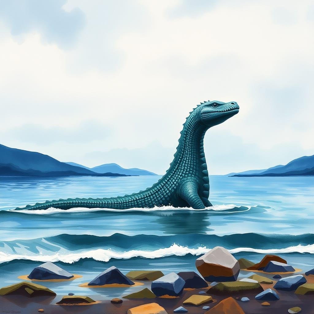 Epic Impressionist Loch Ness Monster Shore Scene