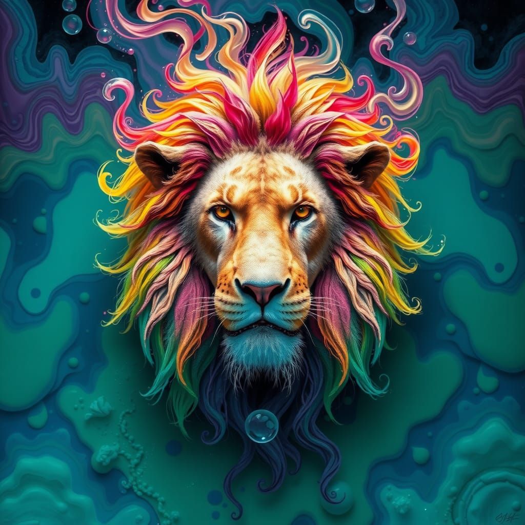 Surreal Lionpunk in Colorful Alcohol Ink