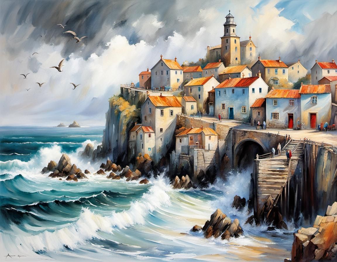 Hyperrealistic Coastal Village with Expressive Brushwork