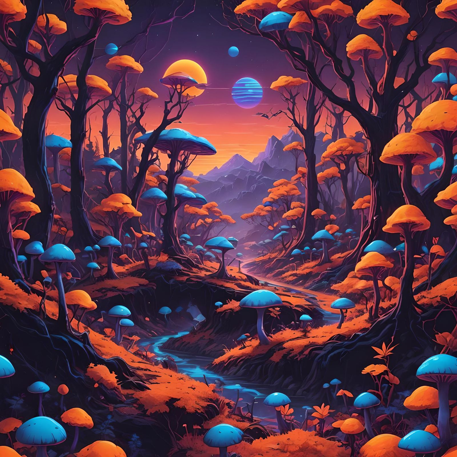 Synthwave Planet with Blue Mushroom Forest