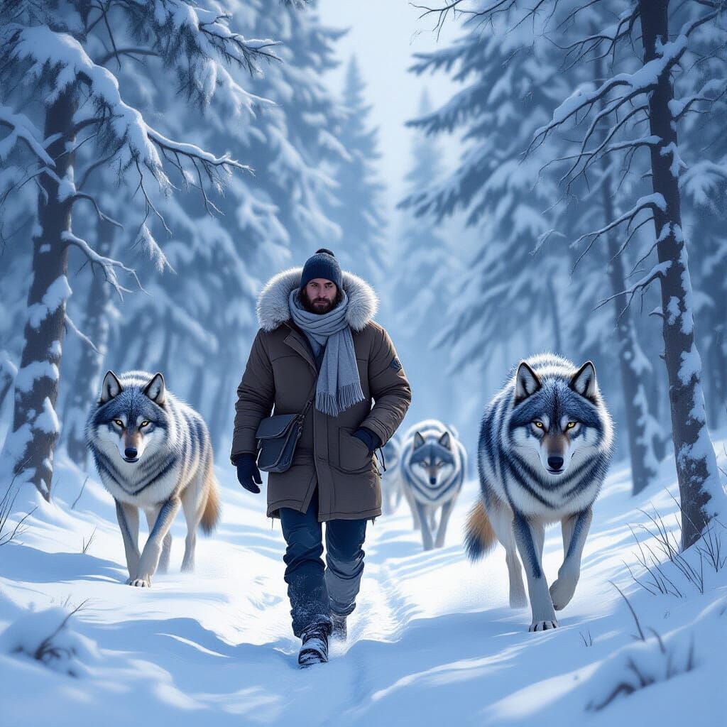 Wolves Escort Man Through Winter Forest in Digital Art Style