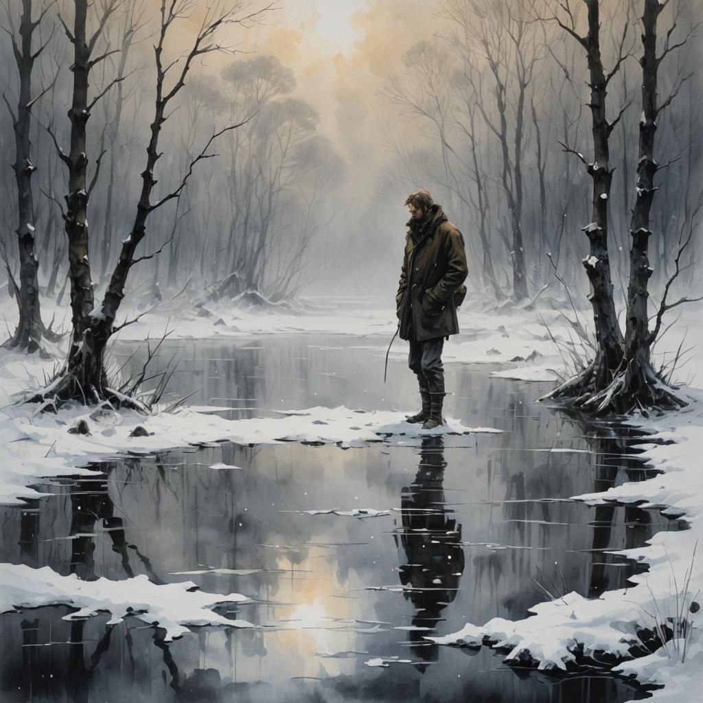 Lost Wanderer in Snowy Swamp: Fantasy Illustration