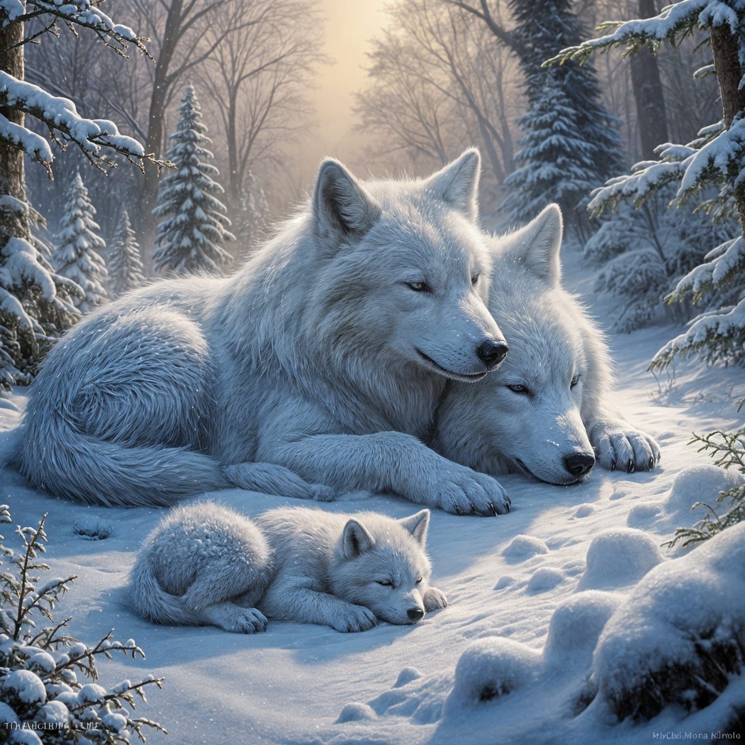 Baby Snow Wolf and Snowman in Ethereal Fantasy
