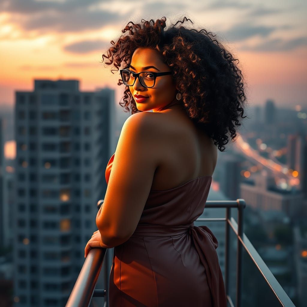 Curvy Woman on Balcony at Twilight: 3D Cinematic Render