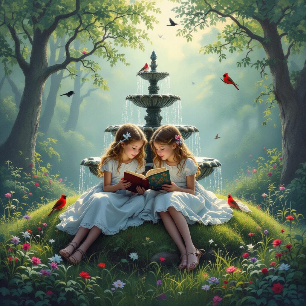 Enchanted Forest: Friends Reading near a Fountain