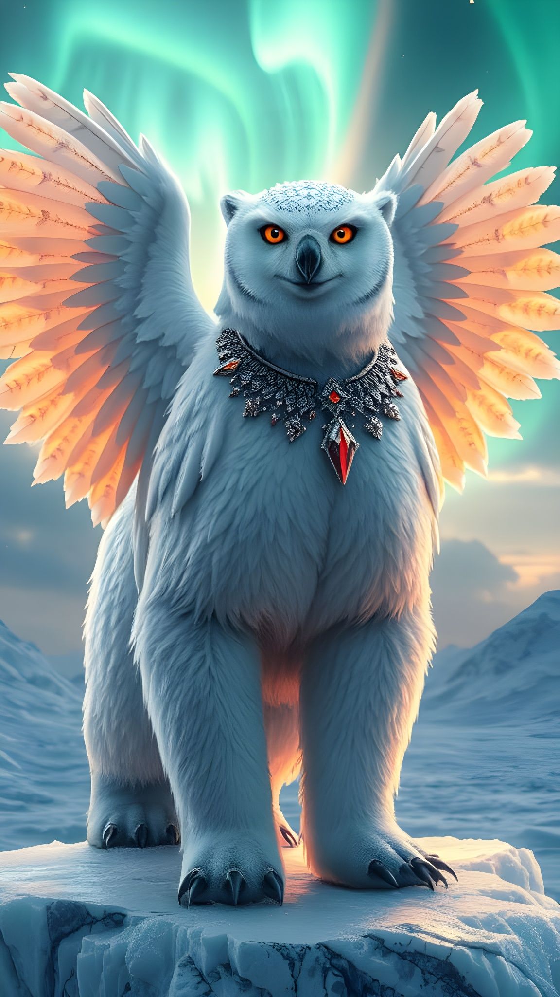 Crystal Sentinel: Regal Polar Bear Owl Hybrid Radiates Wisdo...