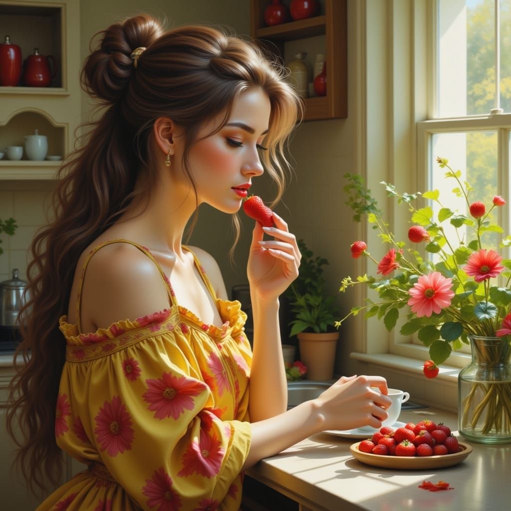 Woman Eating Strawberry in Sunlit Kitchen Digital Painting